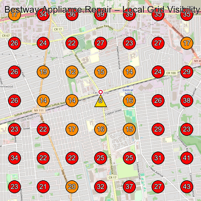 Bestway Appliance Repair GeoGrid visibility map for Appliance Repair Service in Ronkonkoma
